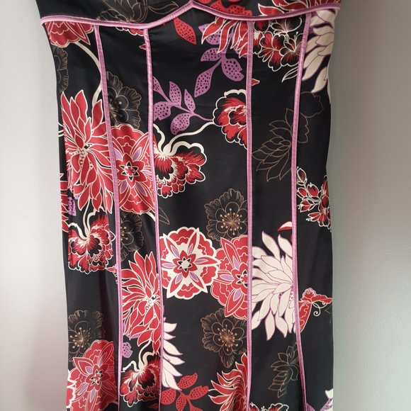 Bebe 100% Silk Black Pink Strapless Floral Flowy Dress Size Large - Picture 4 of 16